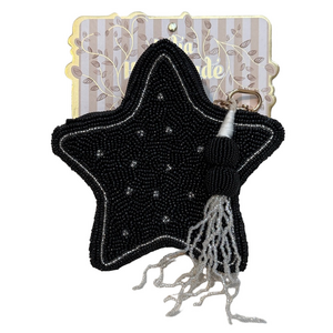NWT Black and White Star Shaped  Beaded Pouch with White Tassel